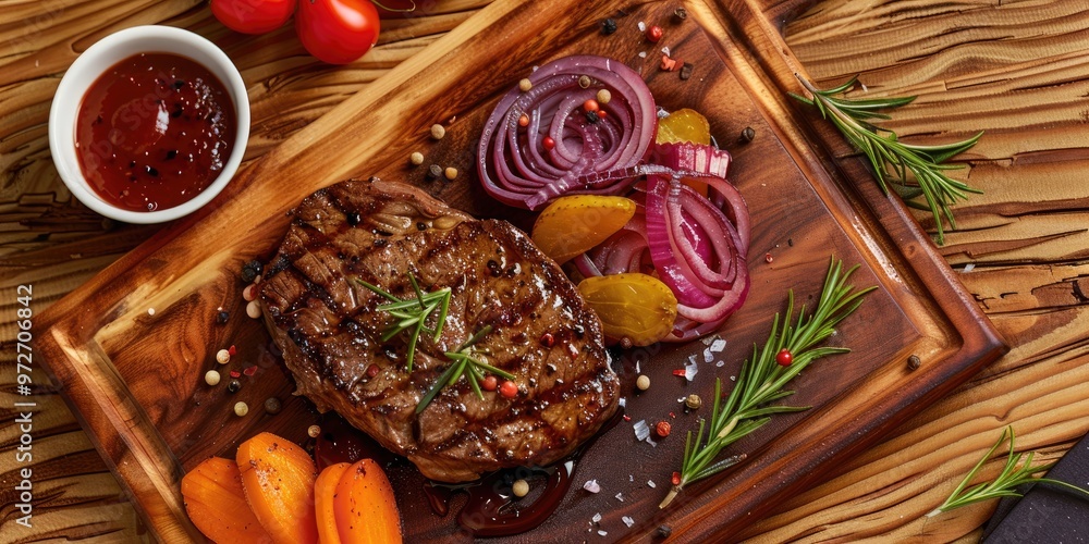 Ribeye steak accompanied by sauce, fresh veggies, pickled onions, and rosemary presented on a wooden platter for a dining menu. Ribeye steak accompanied by sauce, fresh veggies, pickled onions, and rosemary presented on a wooden platter for a dining menu.
