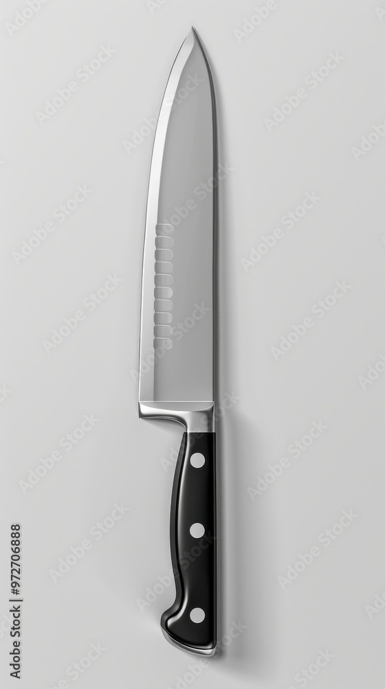 Sharp stainless steel chef's knife with a black handle placed on a light gray surface in a bright kitchen setting Sharp stainless steel chef's knife with a black handle placed on a light gray surface in a bright kitchen setting