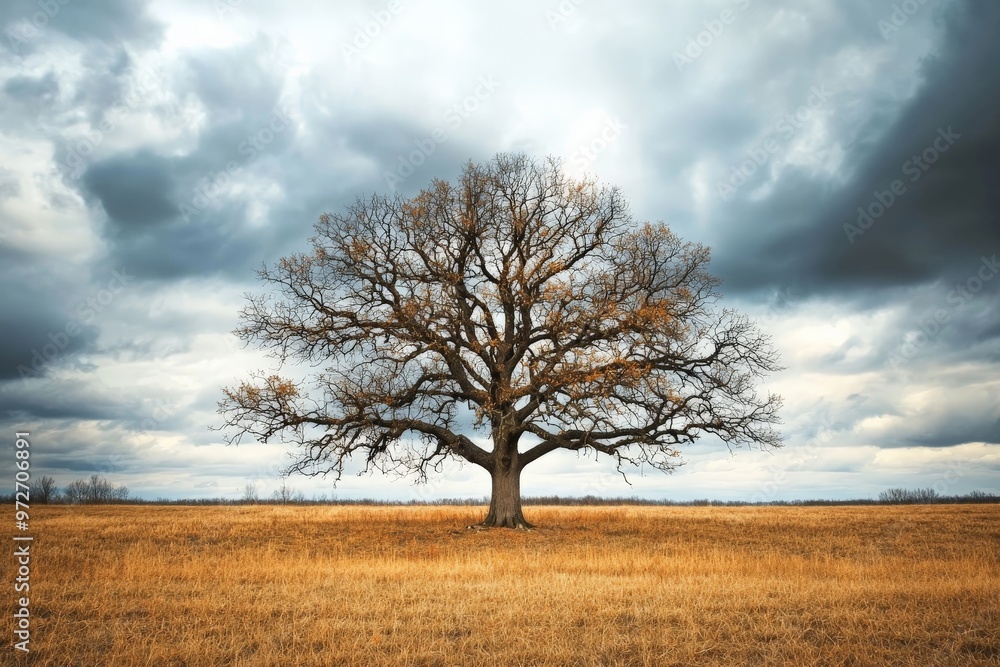 A majestic oak tree standing alone in a wide-open field, its branches spreading out under a cloudy sky, symbolizing strength and resilience A majestic oak tree standing alone in a wide-open field, its branches spreading out under a cloudy sky, symbolizing strength and resilience