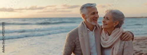 A happy senior couple smiling and walking hand in hand on the beach, with the ocean behind them