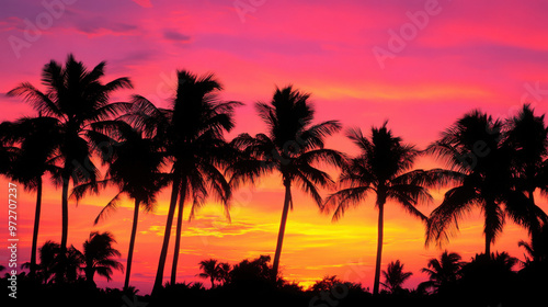 A silhouette of palm trees against a vibrant orange and pink sunset sky, with the last rays of sun fading into twilight.