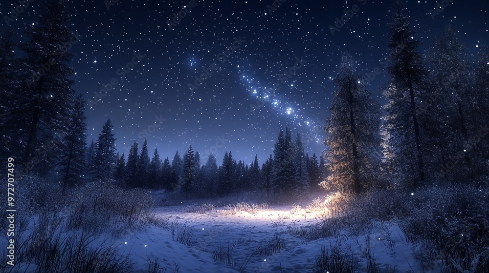 Frosty forest clearing under a clear night sky, with the trees coated in snow and the stars shining brightly above. 4K hyperrealistic photo. Frosty forest clearing under a clear night sky, with the trees coated in snow and the stars shining brightly above. 4K hyperrealistic photo.