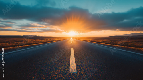 open road at sunset leading to distant mountains with vibrant skies symbolizing freedom travel journey adventure exploration nature scenic highway endless possibilities and serenity photo