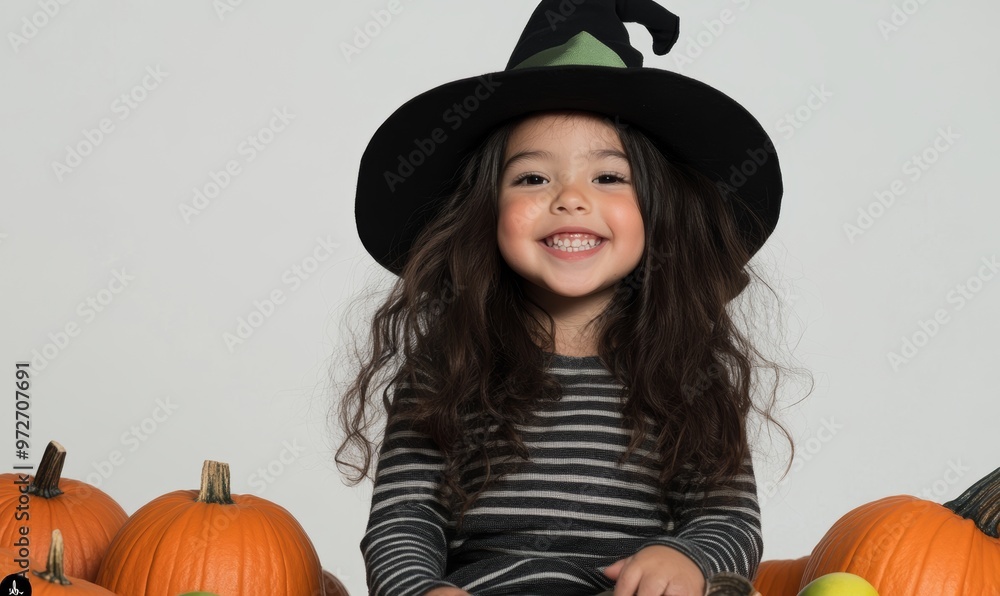 Isolated witch in hat with pumpkins and broom Isolated witch in hat with pumpkins and broom