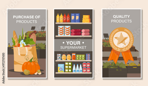 Supermarket posters set. Bag with fresh vegetables and baguette. Shelves with milks and juices. Cheese, sausage, tuna and pasta. Flat vector collection isolated on beige background