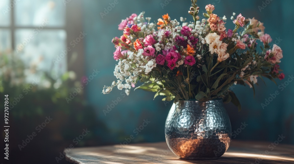 A silver vase filled with fresh flowers, displayed on a wooden table, combining modern metal with natural beauty A silver vase filled with fresh flowers, displayed on a wooden table, combining modern metal with natural beauty