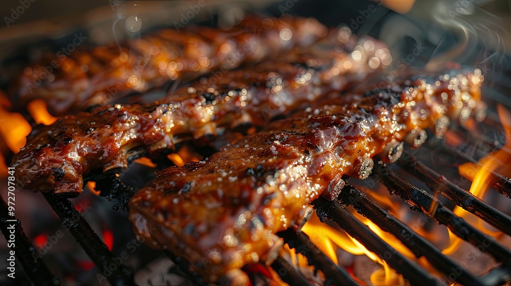Juicy barbecue ribs cooking on an outdoor grill with flames rising around them, creating a delicious and smoky atmosphere perfect for a summer cookout or gathering. Juicy barbecue ribs cooking on an outdoor grill with flames rising around them, creating a delicious and smoky atmosphere perfect for a summer cookout or gathering.