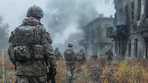 Soldiers navigate through a foggy battlefield under dramatic weather, showcasing resilience in challenging conditions. Generative AI