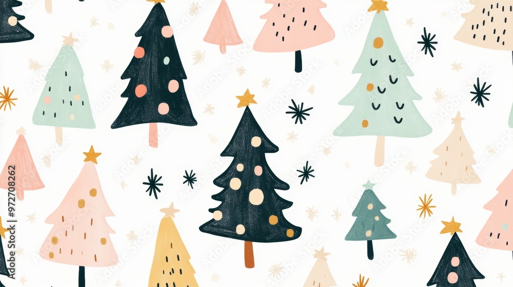 Cute Christmas Tree Doodle Pattern with Simple Festive Elements Cute Christmas Tree Doodle Pattern with Simple Festive Elements
