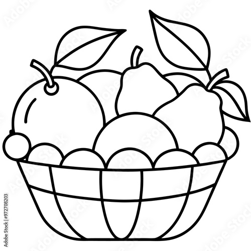 basket with apples pears and leaves outline coloring book page line art drawing