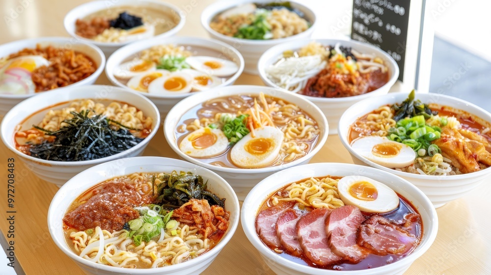 Varieties of Ramen Noodle Bowls, With Unique Toppings, Representing Authentic Asian Cuisine. Varieties of Ramen Noodle Bowls, With Unique Toppings, Representing Authentic Asian Cuisine.