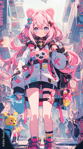 Wallpaper Mural cute anime girl costume animal style cyberpunk school uniform psychedelic color vertical background Torontodigital.ca