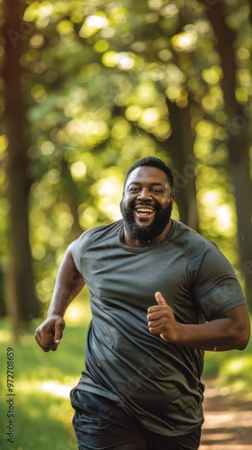 A man is running in a park and is smiling