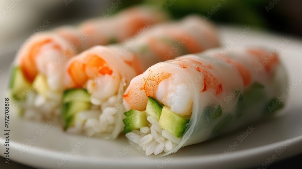 A fresh and crunchy rice paper roll filled with brown rice, shrimp, avocado, and julienned A fresh and crunchy rice paper roll filled with brown rice, shrimp, avocado, and julienned