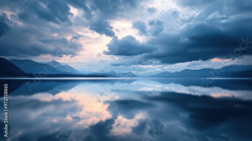 A mirror-like lake reflecting a dramatic sky filled with storm clouds, with mountains visible in the distance.