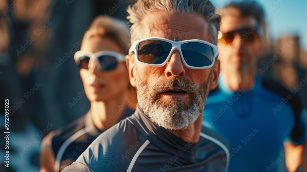 A group of athletes wearing sunglasses runs along a rocky trail at sunrise, showcasing determination and teamwork in a scenic outdoor setting A group of athletes wearing sunglasses runs along a rocky trail at sunrise, showcasing determination and teamwork in a scenic outdoor setting