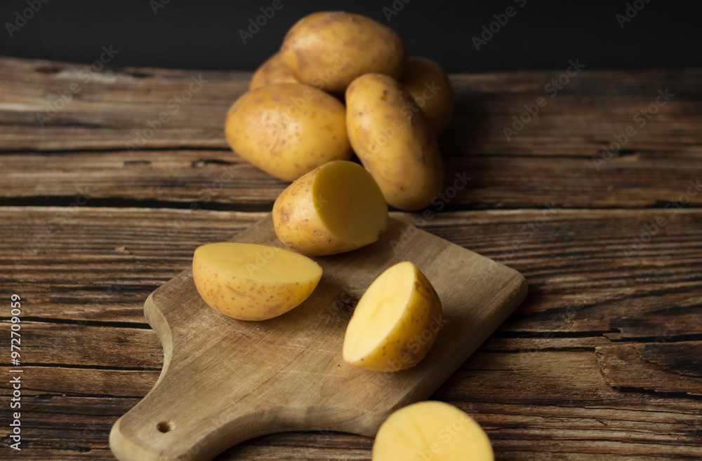 young raw potato. on a dark wooden background. food young raw potato. on a dark wooden background. food