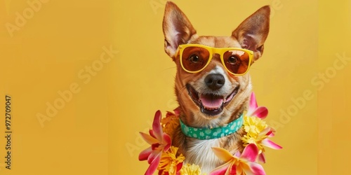  Cute dog with hawaiian costume yellow background 