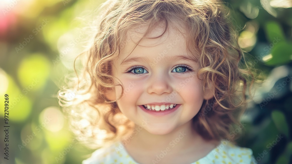 A joyful young girl with curly hair smiles brightly in a lush green garden during a sunny day A joyful young girl with curly hair smiles brightly in a lush green garden during a sunny day