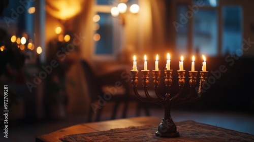 A beautiful menorah with lit candles glows warmly in a cozy indoor setting during the celebration of Hanukkah, surrounded by soft lighting and a festive atmosphere photo