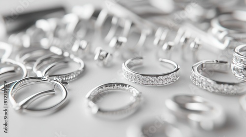 Silver earrings and bracelets arranged on a white background, emphasizing their shiny, reflective surfaces