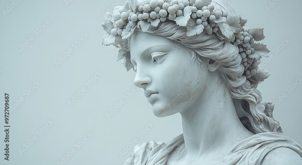 Marble Statue of Goddess Clio with Wreaths and Grape Leaves, Against a White Wall. AI generated illustration Marble Statue of Goddess Clio with Wreaths and Grape Leaves, Against a White Wall. AI generated illustration