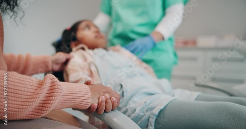 Mother, hands and scared child at dentist for oral hygiene, dental appointment and fear of healthcare. Consultation, girl kid or nervous for mouth examination at hospital with medical checkup support