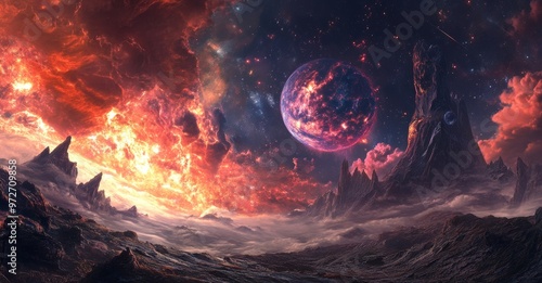 Dramatic Cosmic Apocalyptic Landscape with Fiery Glowing Alien Planetary Nebula in Surreal Fantasy Space photo