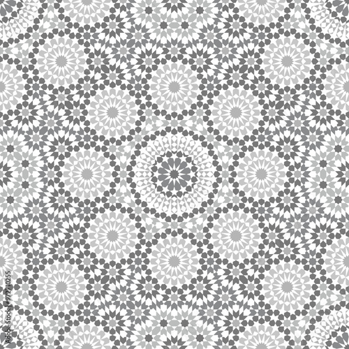Moroccan Zellige Pattern with Geometric Shapes and Grayscale Colors