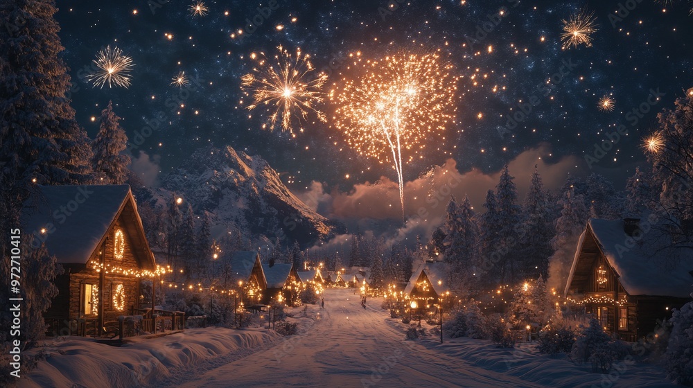 Naklejka premium Fireworks lighting up the night sky over a snowy village, with houses decorated for the New Yearâ€™s Eve celebration. 4K hyperrealistic photo.