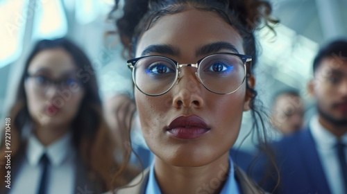 A focused young professional with glasses stands prominently in a corporate setting surrounded by colleagues, showcasing determination and ambition during a business event