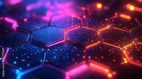 Abstract and Futuristic Hexagonal Background with Colorful and Glowing Neon Effect. Modern Technology Background.****