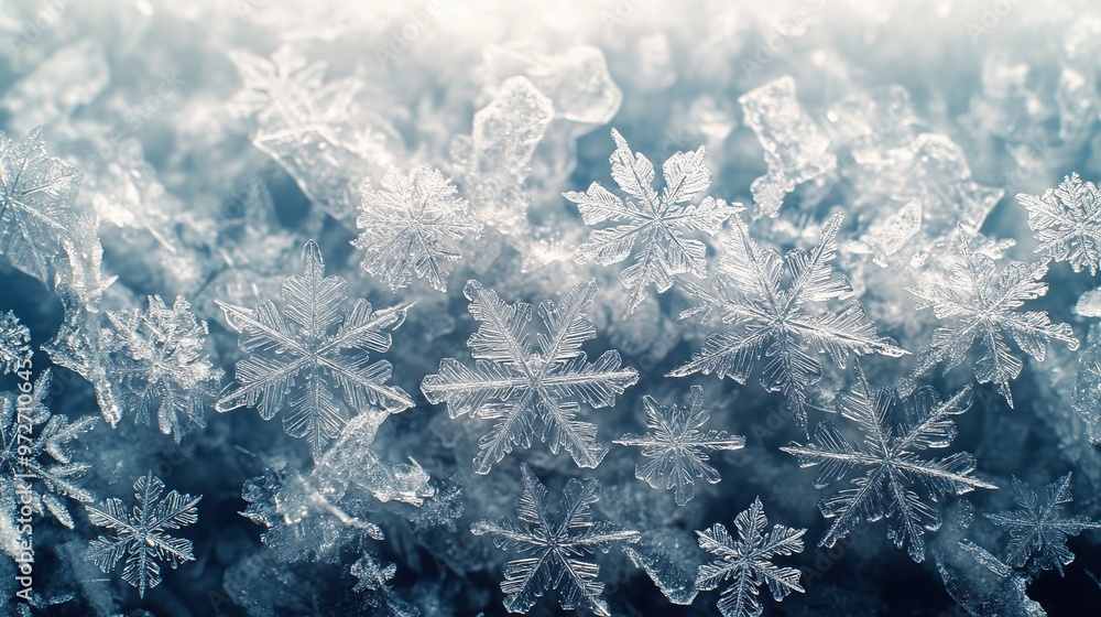 Obraz premium Snowflakes arranged in a precise, repeating pattern on a frosty window, with each flake unique yet part of a larger geometric design. 4K hyperrealistic photo.