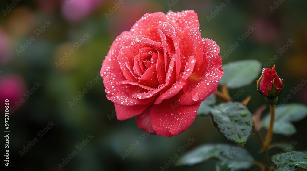 A fresh red rose with dewdrops, each droplet adding to the flower's stunning appearance. A fresh red rose with dewdrops, each droplet adding to the flower's stunning appearance.