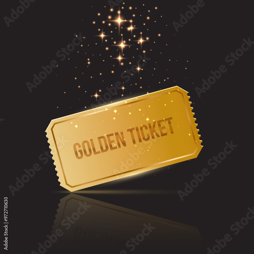 Golden ticket with stars confetti on black background. Gold coupon, sticker or discount tag mockup. Cinema, theater, concert, party, event, festival invitation entrance. Realistic vector illustration