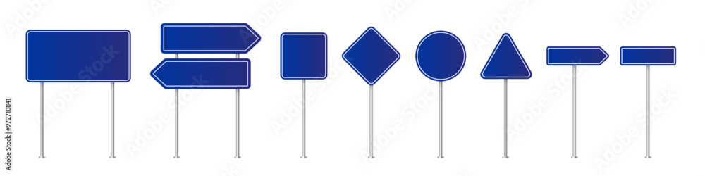 Road traffic signs of different shapes on metal poles vector illustration set. 3d realistic blue blank street signboards. Isolated empty roadside signposts to notice information, danger, guide. Road traffic signs of different shapes on metal poles vector illustration set. 3d realistic blue blank street signboards. Isolated empty roadside signposts to notice information, danger, guide.