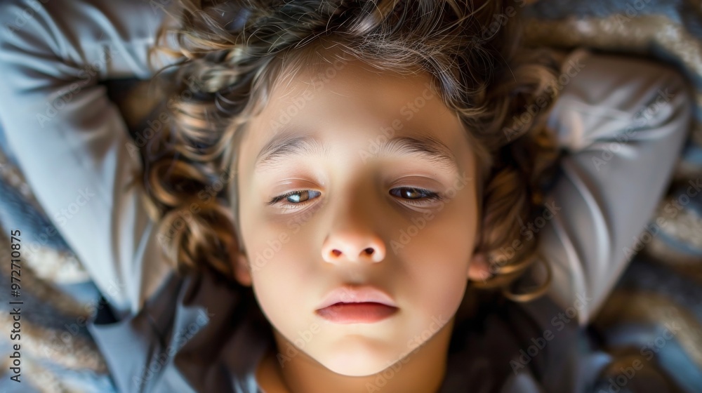 A young child peacefully sleeping with curly hair on a cozy blanket A young child peacefully sleeping with curly hair on a cozy blanket