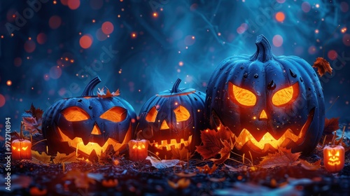 Wallpaper Mural Enchanting night of glowing jack-o'-lanterns amidst autumn leaves and flickering candles. Generative AI Torontodigital.ca