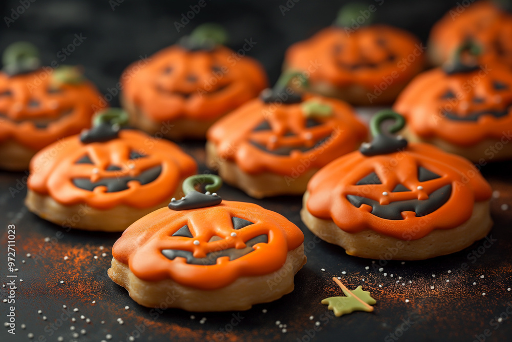 A close-up view of a set of cute Halloween pumpkin biscuits arranged on a dark, moody background A close-up view of a set of cute Halloween pumpkin biscuits arranged on a dark, moody background
