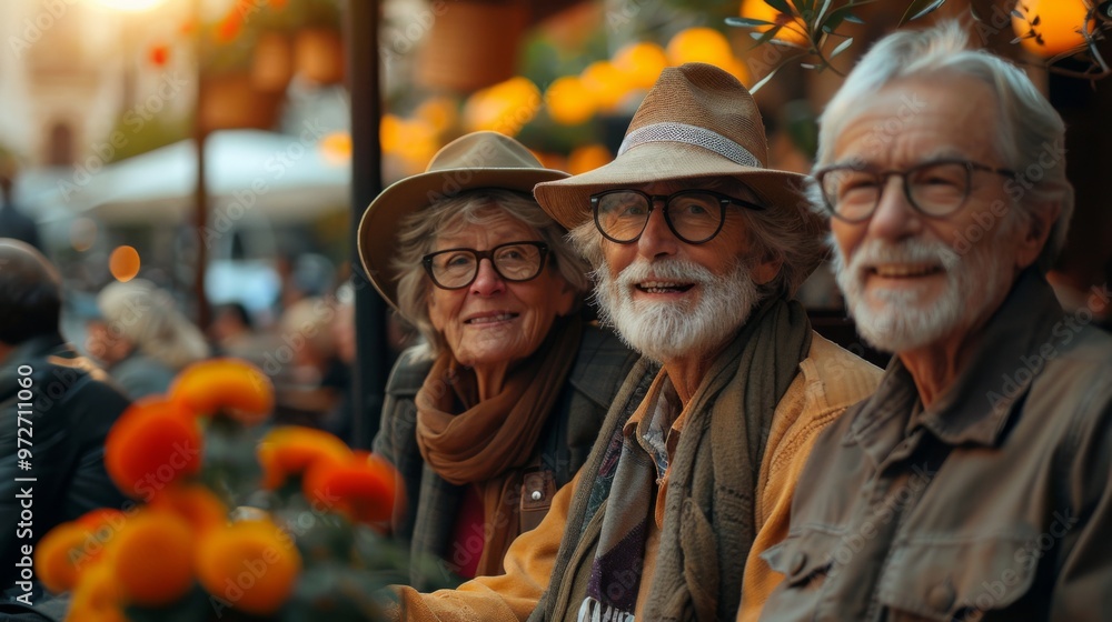 A cheerful gathering of three senior friends enjoying a sunny afternoon at an outdoor café adorned with vibrant flowers in a bustling city, capturing moments of joy and connection A cheerful gathering of three senior friends enjoying a sunny afternoon at an outdoor café adorned with vibrant flowers in a bustling city, capturing moments of joy and connection