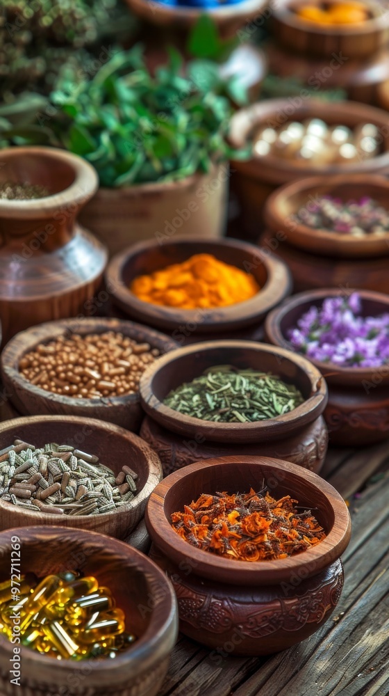 A vibrant display of assorted spices and herbs in handcrafted bowls at a bustling market showcasing the diverse colors and textures of natural ingredients A vibrant display of assorted spices and herbs in handcrafted bowls at a bustling market showcasing the diverse colors and textures of natural ingredients