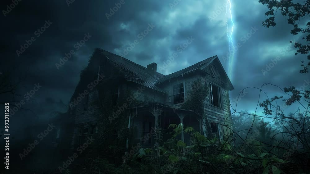 Old abandoned house illuminated by lightning at night Old abandoned house illuminated by lightning at night