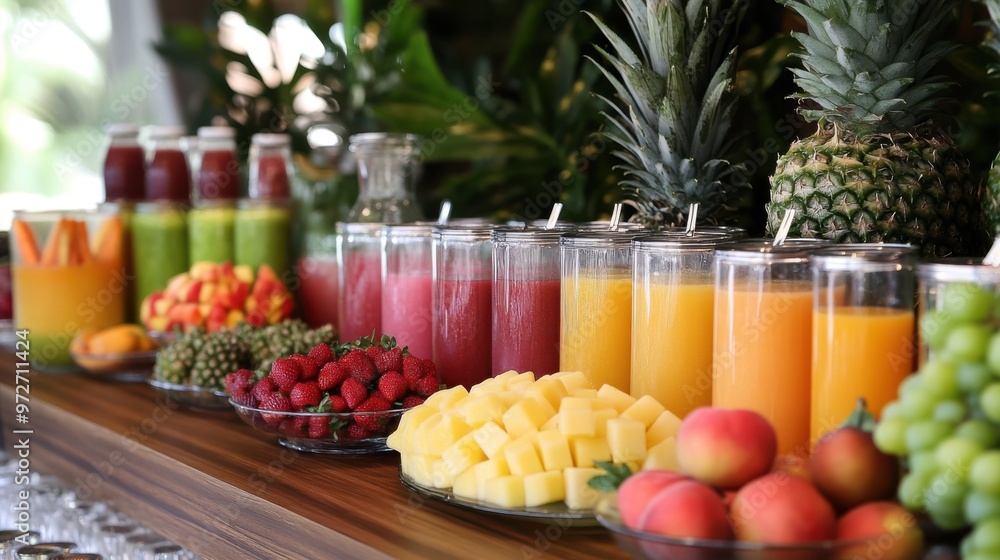 A fruit juice bar setup with a selection of freshly squeezed juices and fruit garnishes A fruit juice bar setup with a selection of freshly squeezed juices and fruit garnishes