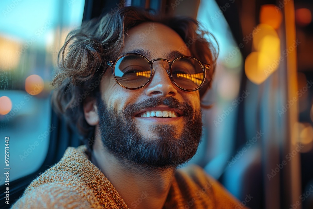 A photo of a happy man with sunglasses sitting in a bus seat and smiling, looking in his window A photo of a happy man with sunglasses sitting in a bus seat and smiling, looking in his window