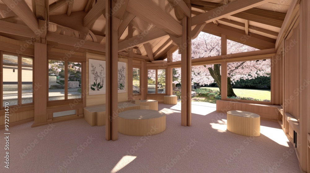 This pink bedroom features wooden elements, large windows overlooking cherry blossom trees, and cozy seating, creating a tranquil atmosphere perfect for relaxation This pink bedroom features wooden elements, large windows overlooking cherry blossom trees, and cozy seating, creating a tranquil atmosphere perfect for relaxation
