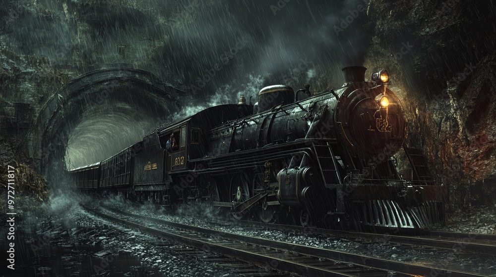 The intimidating steam locomotive powers through a dark, rainy underground tunnel, underlining a mysterious, moody scene full of dramatic tension and old-world charm. The intimidating steam locomotive powers through a dark, rainy underground tunnel, underlining a mysterious, moody scene full of dramatic tension and old-world charm.