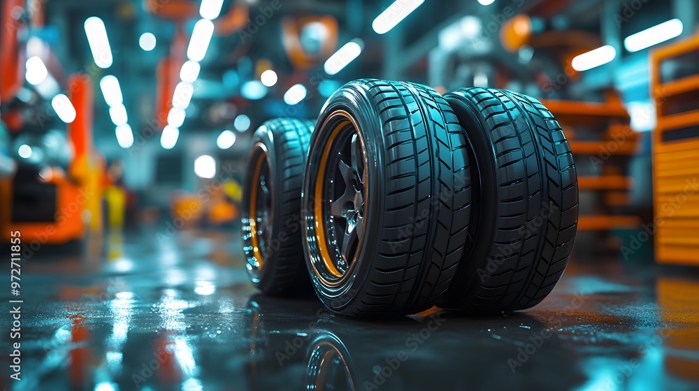 Obraz premium Bright car tires stacked in an auto service center, focusing on detailed tread patterns and glossy surfaces within a clean workshop environment for automotive photography.