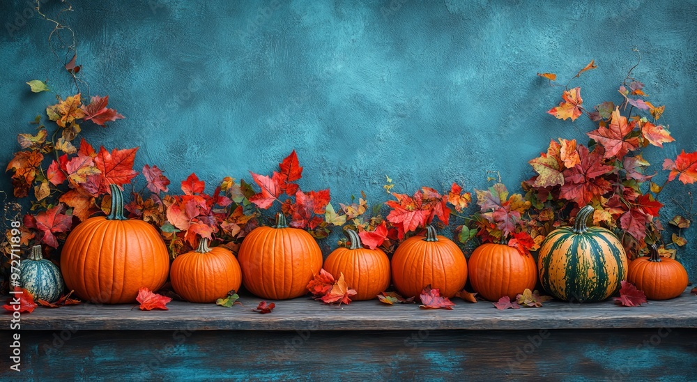 Autumn Pumpkins and Fall Leaves on Wooden Table with Blue Background. AI generated illustration. Autumn Pumpkins and Fall Leaves on Wooden Table with Blue Background. AI generated illustration.