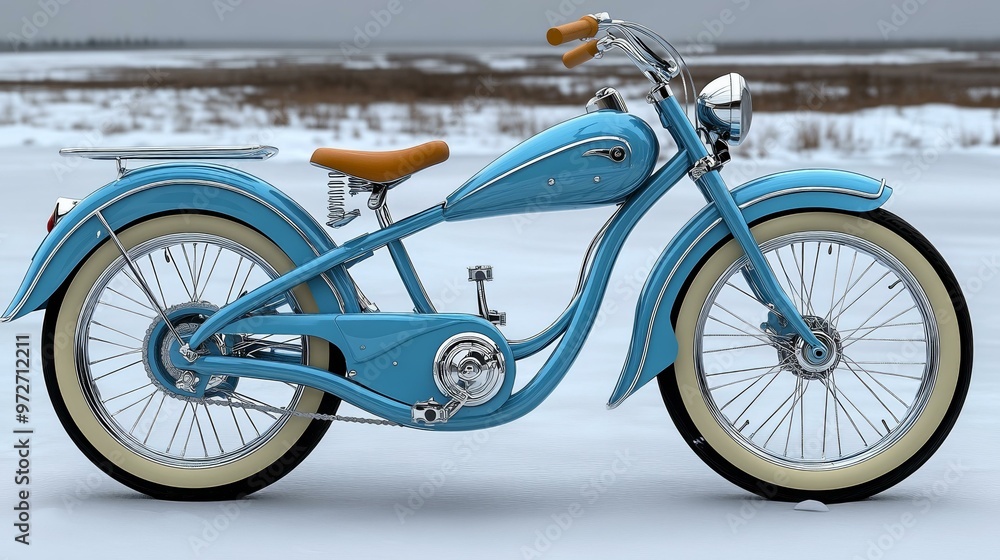 Fototapeta premium Vintage Blue Motorcycle with White Wall Tire