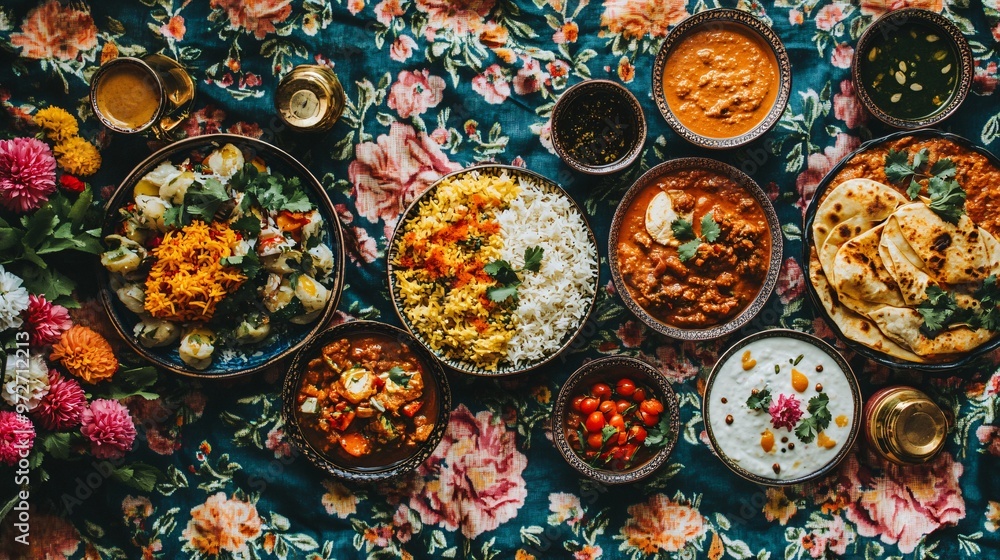 A spread of various Indian dishes on a floral tablecloth, including rice, curries, flatbreads, and sauces, with fresh cilantro and flowers as decoration. A spread of various Indian dishes on a floral tablecloth, including rice, curries, flatbreads, and sauces, with fresh cilantro and flowers as decoration.